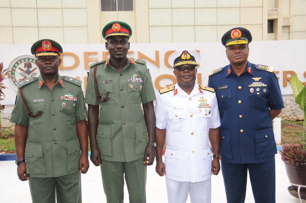 Meet the Service Chiefs-  The CDS, Maj Gen AG Olonisakin,    COAS, Maj Gen Gen TY Buratai, CNS, R Adm  IE Ibas and CAS, AVM SB  Abubakar   shortly after taking over command at the Defence and Services    Headquarters