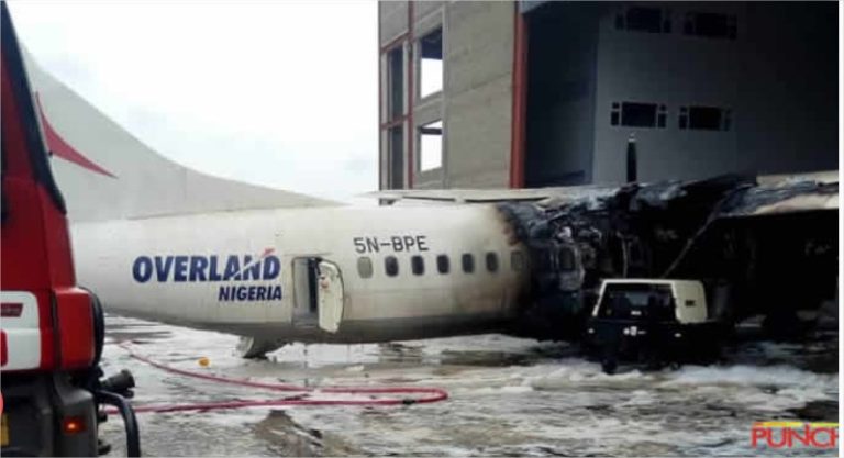 Overland aircraft bursts into flames at Lagos airport