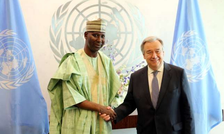 Permanent Representative of Nigeria to the United Nations, Prof. Tijjani Muhammad-Bande with UN Secretary General, António Guterres. Source: Voice of Nigeria