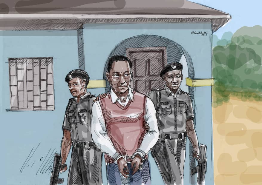 “Sketch illustrating the arrest of 34 year old Chris Chom who was detained for nearly two years for “a failed attempt to save his nephew’s life”