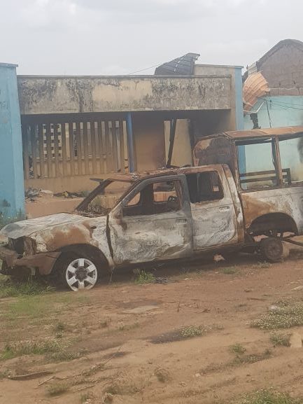 Burnt Police vehicle at Central Police station