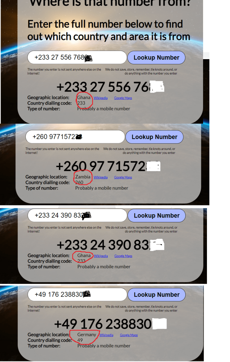 Some of the pages have phone numbers associated with different countries.