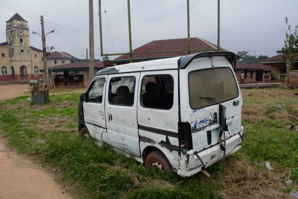 Destroyed vehicle at Amangwu