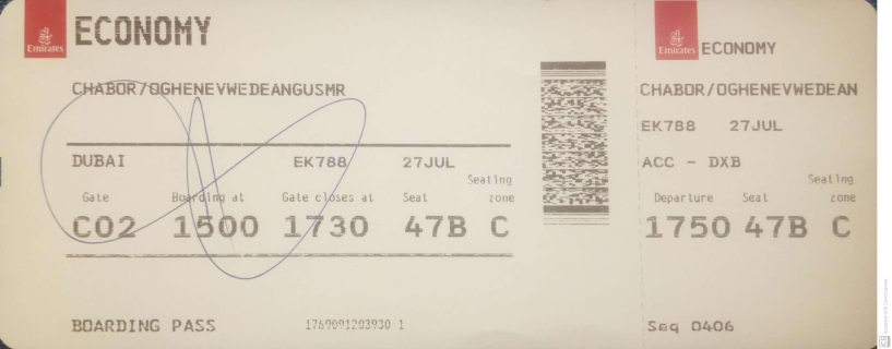 A copy of Angus’ boarding pass from Ghana to Dubai on July 27, 2021