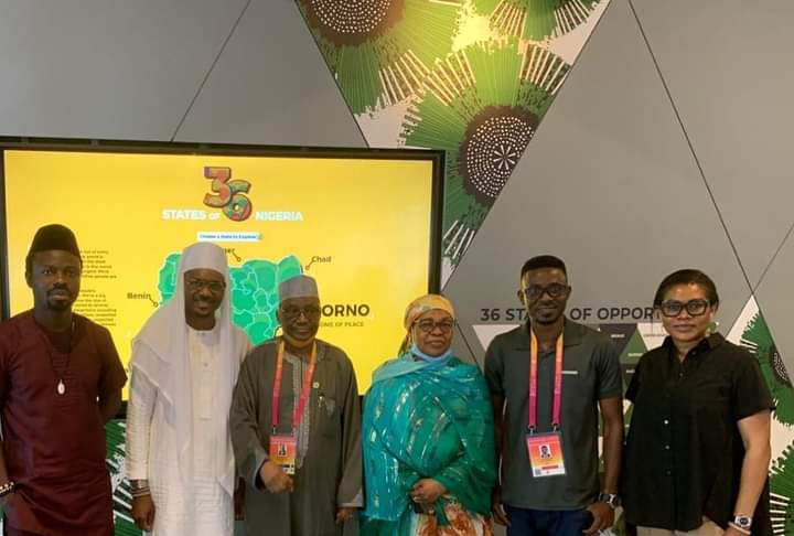 From left, House of Representative member Shina Peller, Nigeria’s Ambassador to the UAE Mohammed Dansanta Rimi, his wife, Aisha Rimi and other staff of the Embassy at the Expo 2020 Dubai on Tuesday October 12, 2021.