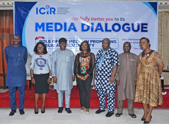 Left to Right: Dayo Aiyetan, Executive Director, ICIR; Prof. Abigail Ogweezy, UNILAG; Martins Oloja, MD/Editor-in-Chief, The Guardian Nigeria; Stella Iyaji, Managing Editor, Daily Trust; Edetaen Ojo, Executive Director, Media Rights Agenda; Musikilu Mojeed, Editor-in-Chief/COO, Premium Times and Maupe Ogun, Channels TV at the ICIR Media Dialogue held at Sandralia Hotel, Jabi, Abuja on Wednesday, November 24, 2021.