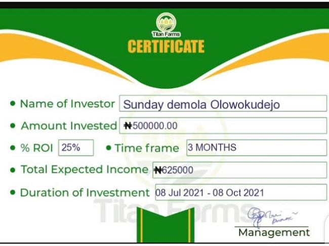 Sunday Olowokudejo's investment certificate