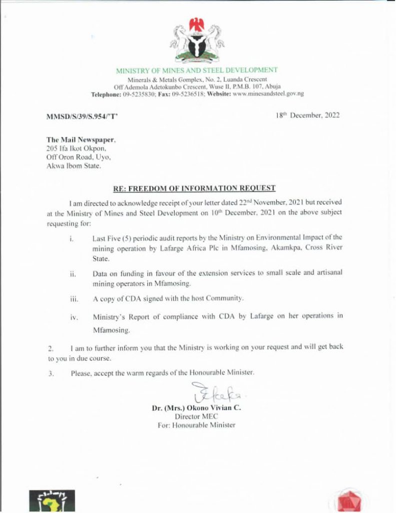 FOI response from the federal ministry of mines and steel development.