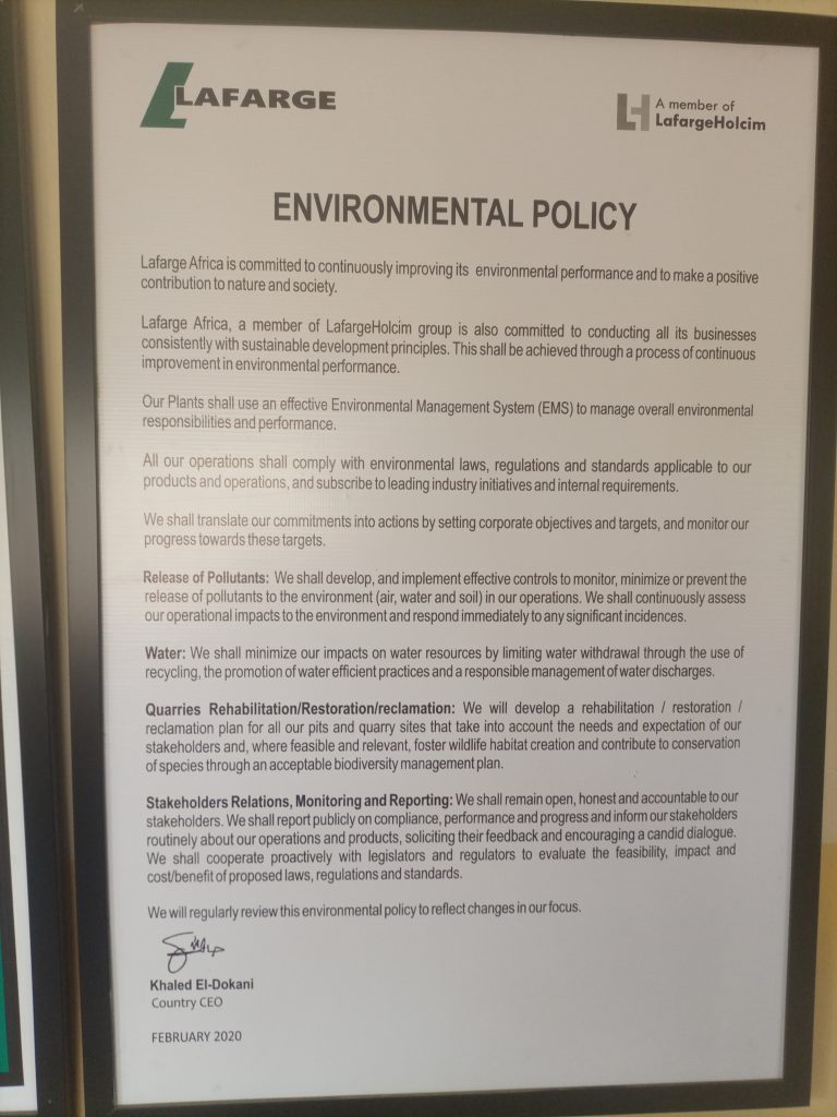 Lafarge’s Environmental Policy. Photo Credit: Ekemini Simon.