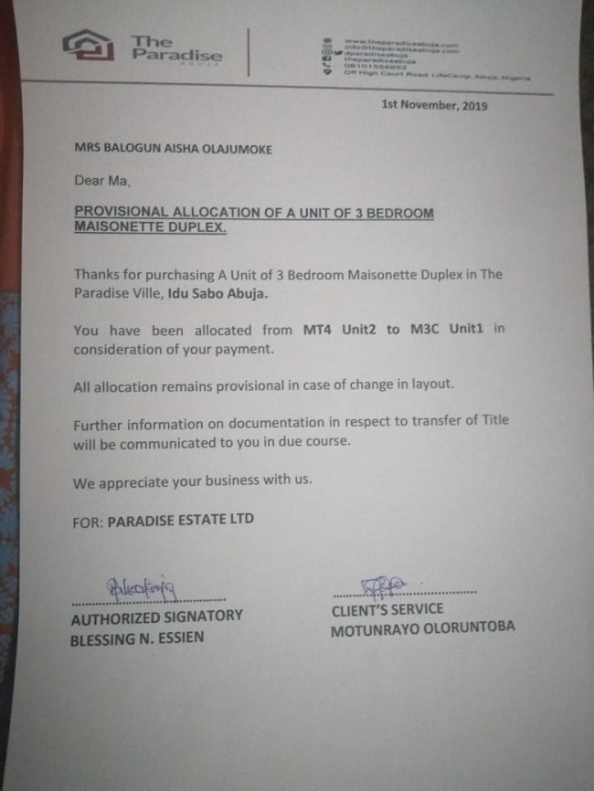 Aisha Balogun's Allocation Letter from the Paradise Estate, Abuja