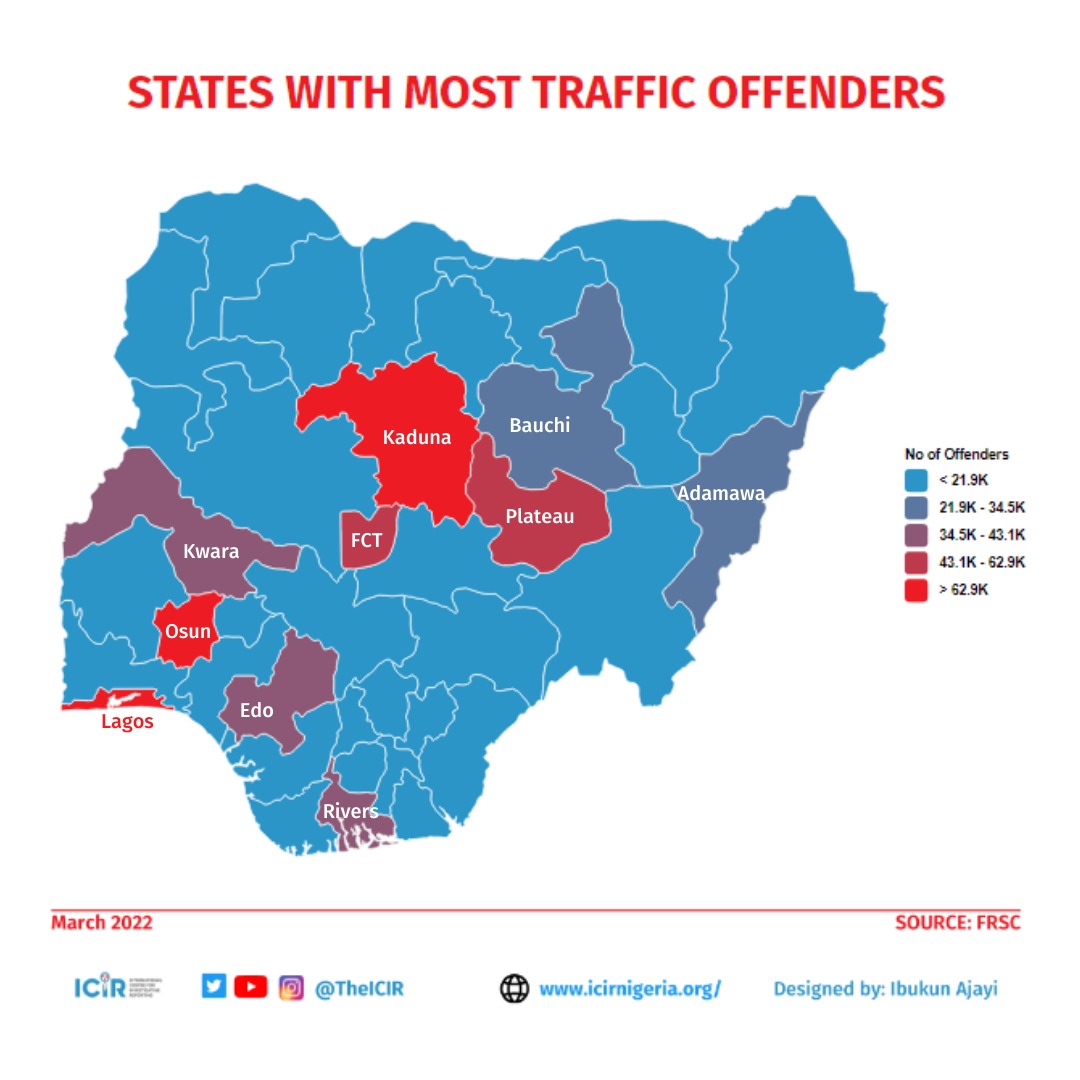 Map showing states with highest traffic offenders in Nigeria