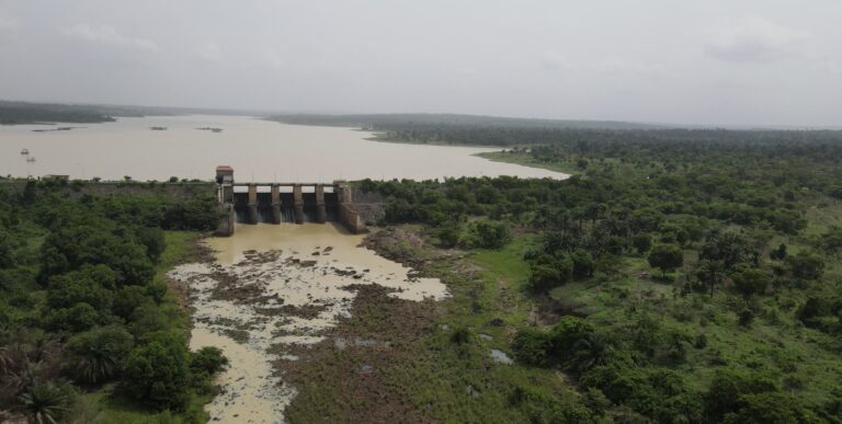 Aerial view of Asejire dam sitting on Osun river