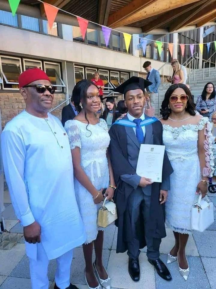 Governor Nyesom Wike, his daughter Jasmine, son Jordan and wife, Eberechi, during the graduation ceremony in the UK.