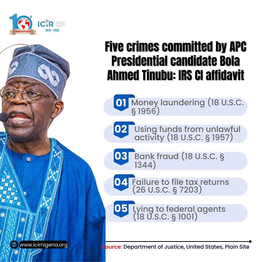 Five crimes committed by APC presidential candidate Bola Tinubu - IRS CI affidavit