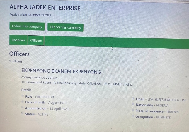 CAC details of the company owned by the husband of the DG.