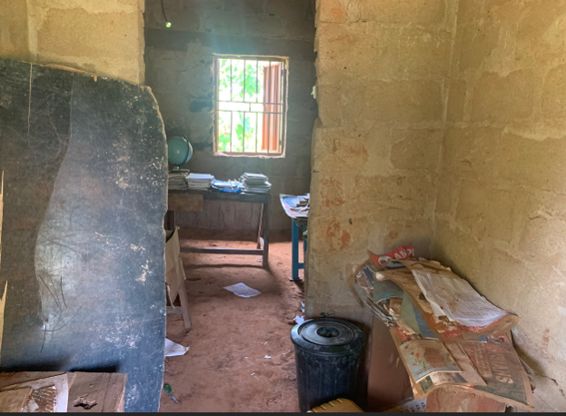 This photo shows Ahmed Abdullahi’s office, a few feets from the new block of buildings erected by Nasarwa SUBEB. Abdullahi says he does not mind working in the unconducive state of the office but is more pressed for more teachers. Photo: Chigozie Victor/HumAngle.