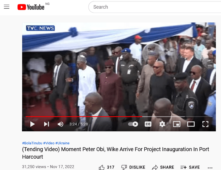 Screenshot of the news footage showing the moment Wike and Obi arrived the event venue to commission a flyover in Port Harcourt, Rivers state on November 17, 2022. CREDITS: TVC News.