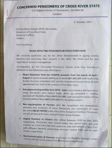 Copy of letter written to governor Ayade on issues affecting pensioners