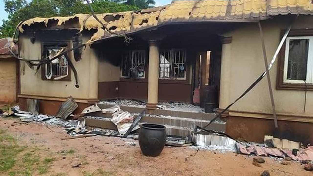 The remains of the home of Salome Abuh, a leader of the People’s Democratic Party (PDP) woman leader, after she was killed in a targeted arson attack.
