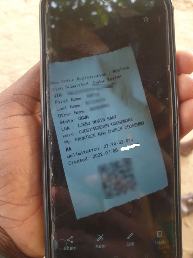 A snapped copy of the PVC slip belonging to one of the aggrieved persons. This victim took a photograph of the slip before it was collected from her. Photo Credit: Olugbenga Adanikin, The ICIR.