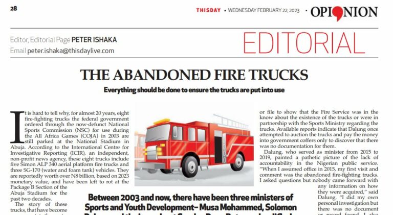After ICIR report, THISDAY Editorial takes stance on abandoned fire trucks in Abuja stadium