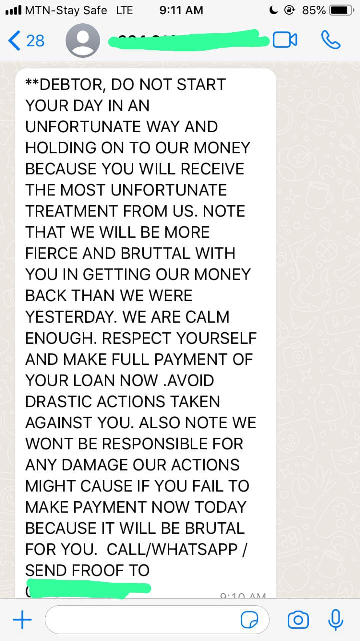 Screenshot of a message sent to a customer by a loan app