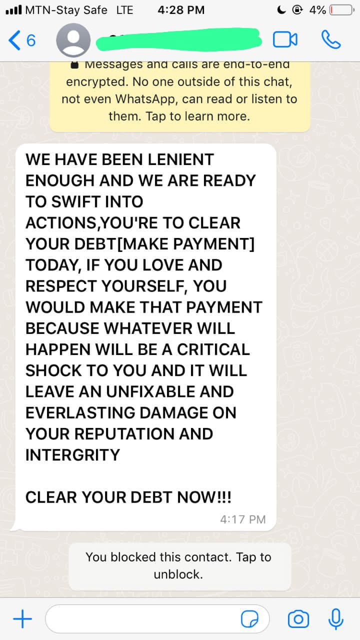 Threat message sent to a customer by a loan app company