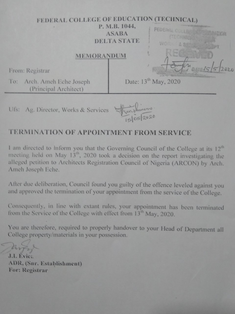 A copy of the sacked termination letter.