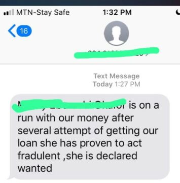 Sample of message sent to contacts and loved ones of defaulting customers