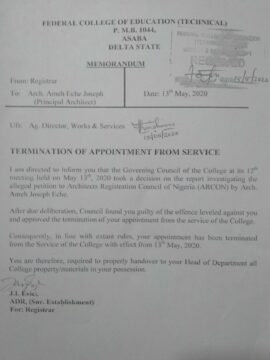 Letter terminating Ameh’s employment.