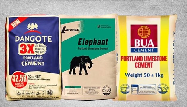 Bag of cement from Dangote, Lafarge and BUA.