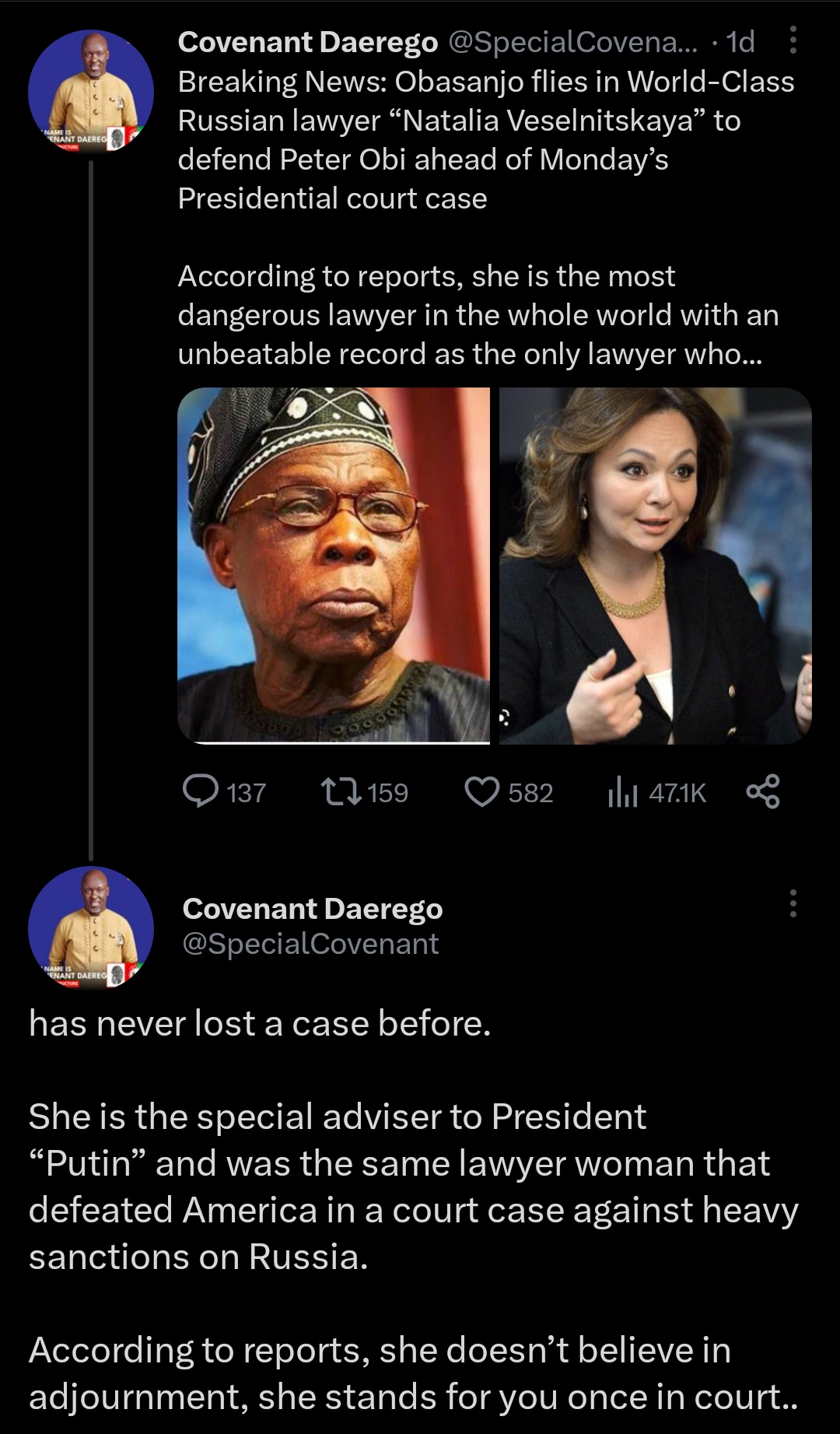 Twitter post claim on Olusegun Obasanjo, Peter Obi and Natalia Veselnitskaya