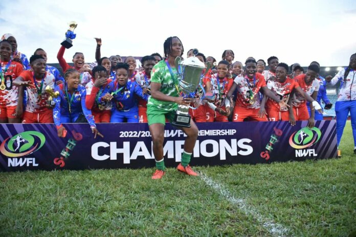2023 winner of the Federation Cup, Bayelsa Queens, celebrating their victory at Stephen Keshi Stadium in Asaba, Delta state. Photo credit: Nigerian Women Football League, NWFL twitter handle