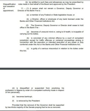 The portion of the CBN Act on the removal of CBN governor