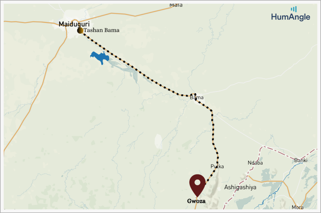 Map illustration: The 127 km route from Maiduguri to Gwoza/Mansir Muhammed/HumAngle