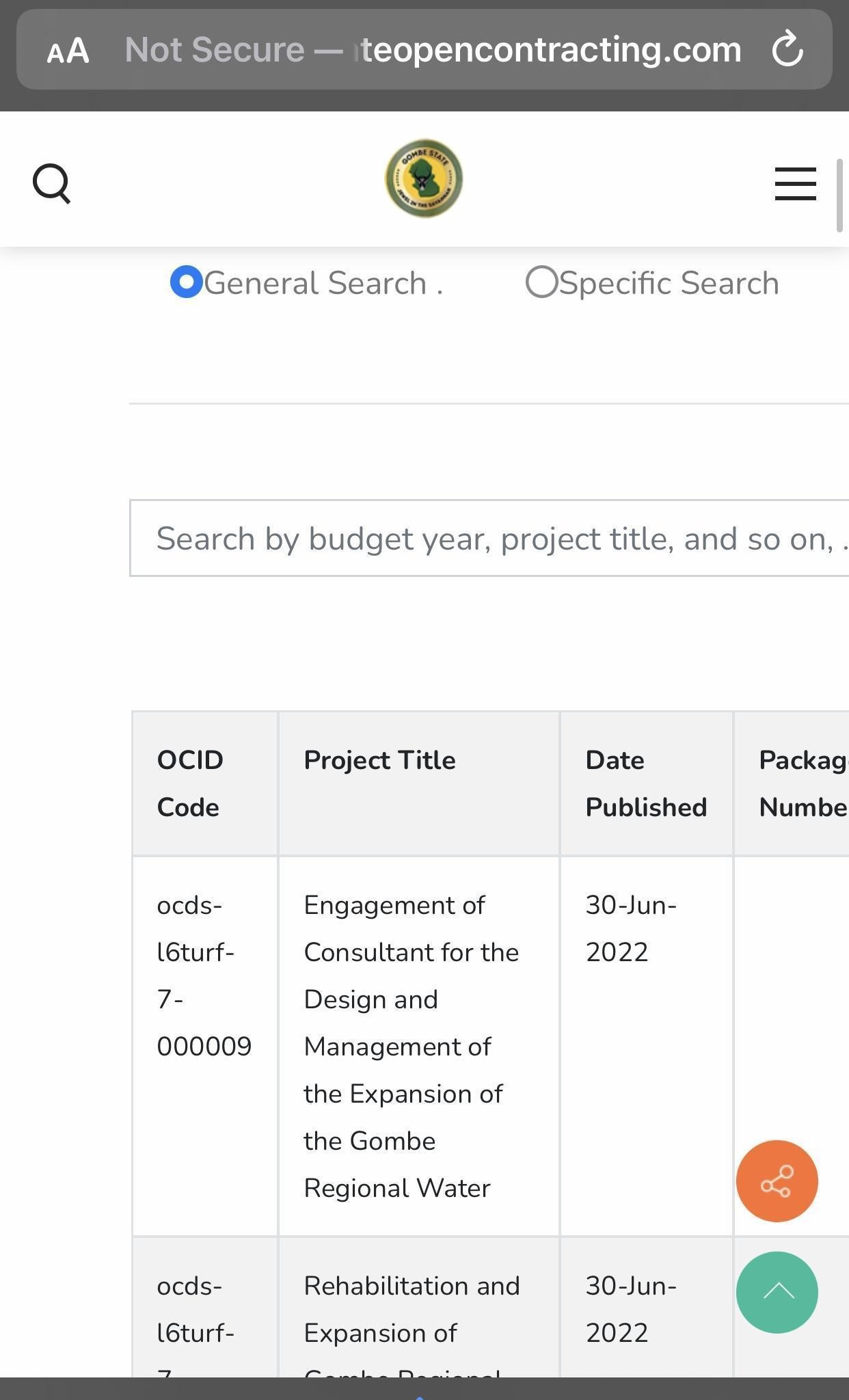  The screenshot of the Gombe State open contracting portal that provided only the project title without including the contractors and contract amounts