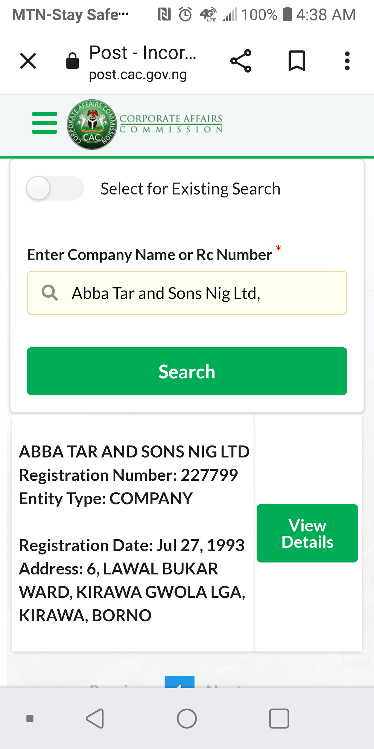 CAC search on Mr. Tar’s company name