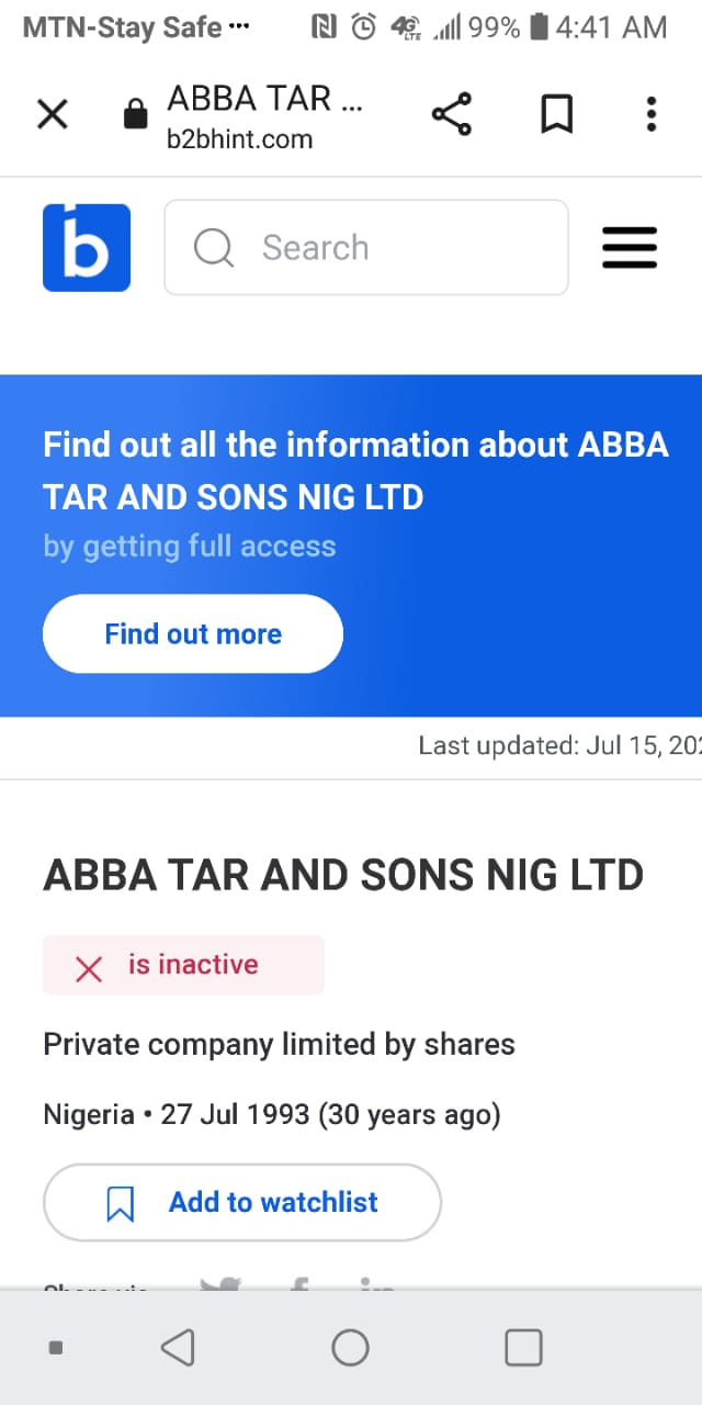 B2bhint search indicating Mr. Tar’s company as inactive