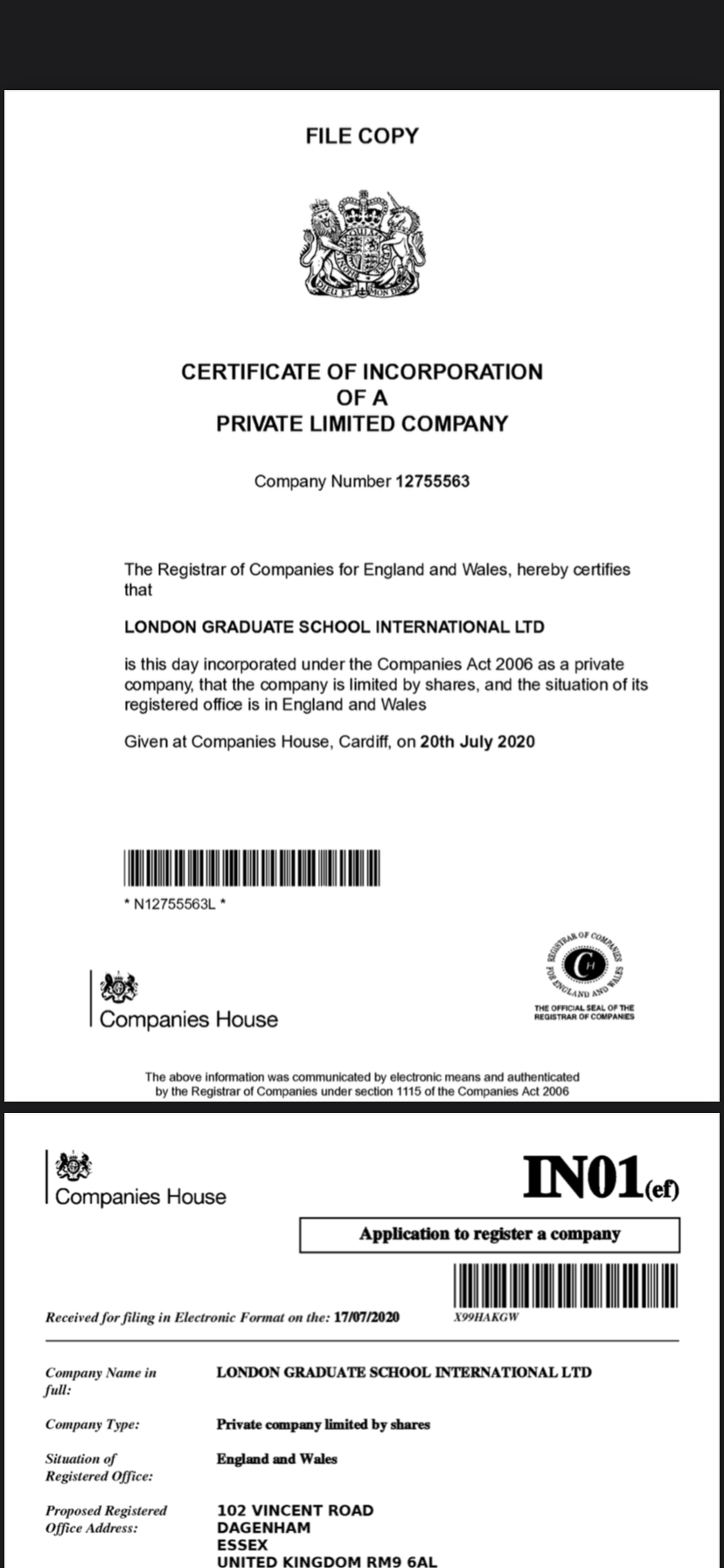 Screenshot of Certificate of Incorporation 