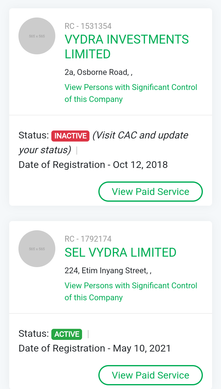 Search entry of SEL-Vydra on Corporate Affairs Commission (CAC) portal.
