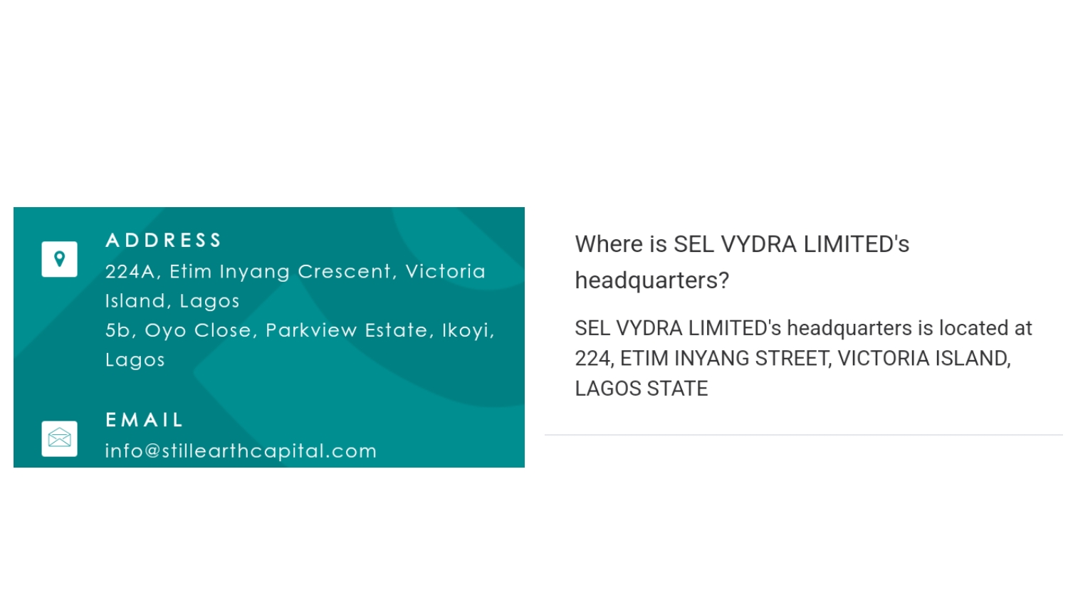 FL: Working Address of Still Earth Capital Finance Limited (SEL) and the working address of SEL-Vydra limited on Ngcheck, bearing resemblance. Subsequent companies registered in the name of Still Earth share either of the two addresses on the SEL Capital website.
