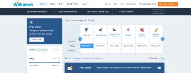 Screenshot showing the flight fee from Lagos to Dubai