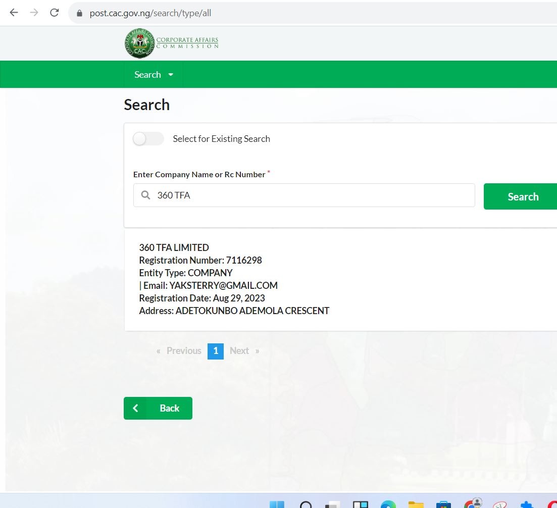 Screenshot of 360 TFA Limited's registration on the Corporate Affairs Commission's website