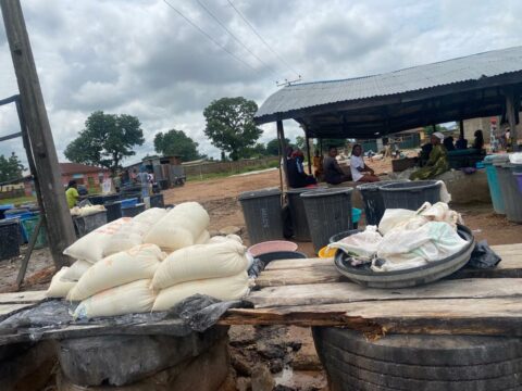 Behind the processed cassava are women waiting for customers to patronise them. Photo: The ICIR