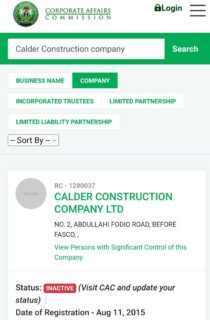 The CAC portal showing the Cardel Construction company was registered a few months into the bidding period but later won the N1bn Gudu School Project. Credited: CAC Website Portal