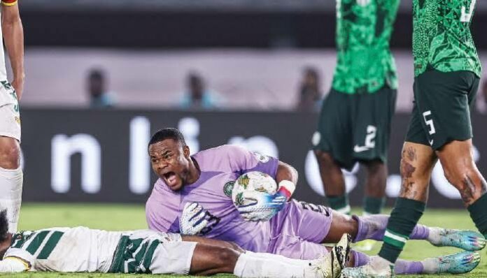 Super Eagles goalkeeper, Stanley Nwabali in action in the knockout match against Cameroon