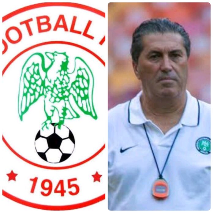 he logo of the NFf collaged with the Super Eagles' coach Jose Peseiro