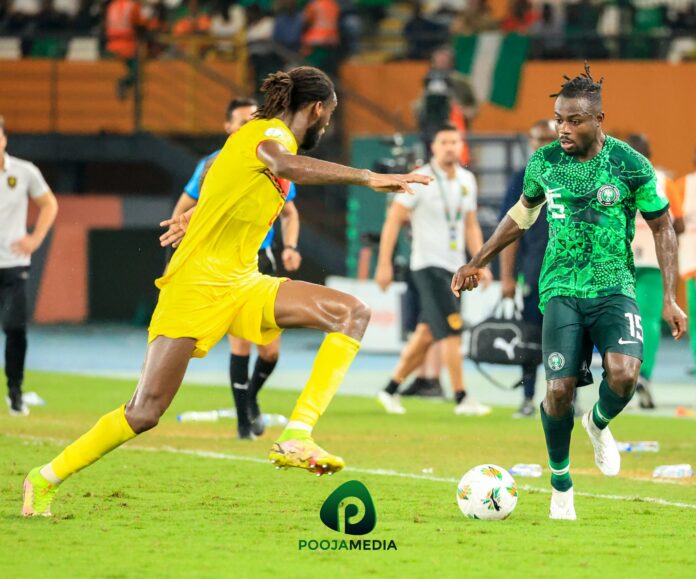 Super Eagles player, Moses Simon in action during the match against Angola which 1-0. Photo credit: Poojamedia