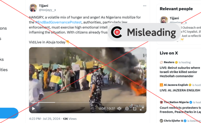 Screenshot of the video post on X used to depict the purported protest in Abuja on July 29.