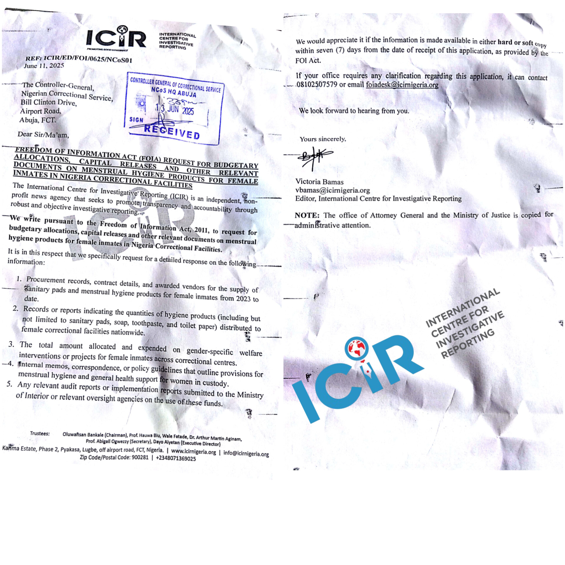 Acknowledgement copy of FOI request. Photo credit: Nanji Nandang/ICIR  